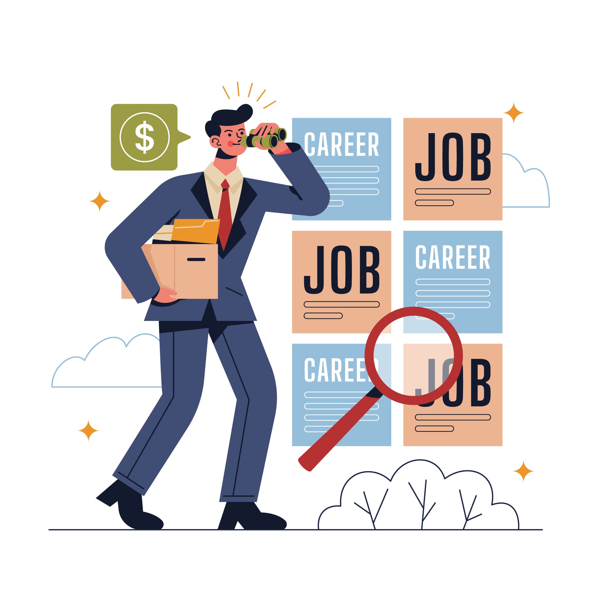 Un candidat scrute des annonces d'emploi avec des jumelles et une loupe